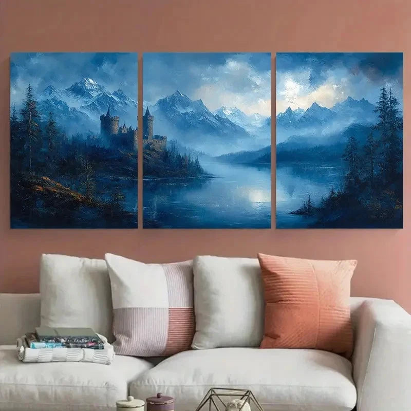 3pcs Scottish Castle Romantic Misty Scene Metal Print Ready to Hang Art