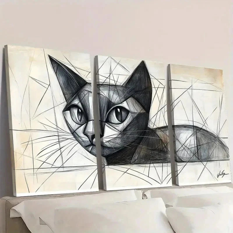 3pcs Picasso Cat Minimalist Line ET Wall Art Set Canvas Framed 50x70cm - High Quality Print 100% Australian Made Wall Canvas Ready to Hang