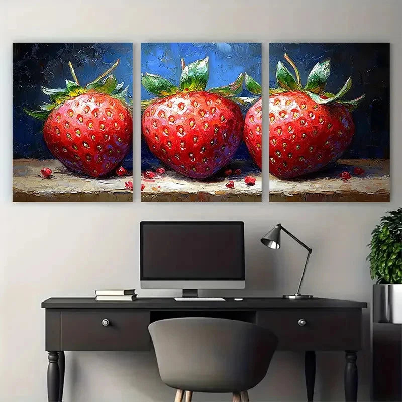 3pcs Vibrant Red & Green Strawberries Fruit Wall Art Set Canvas Framed 60x90cm - High Quality Print 100% Australian Made Wall Canvas Ready to Hang
