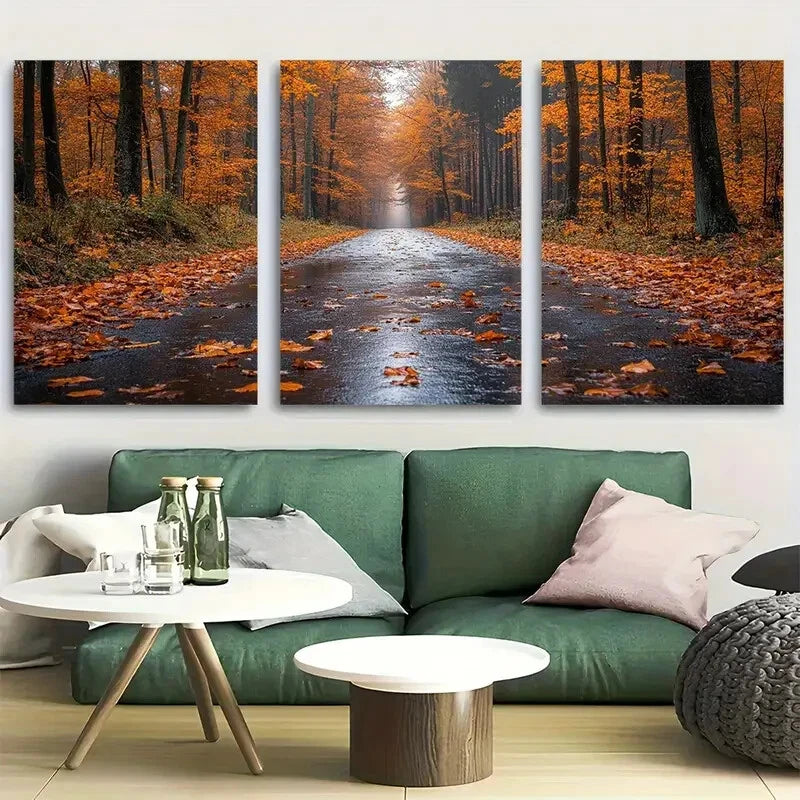 3pcs Wet Leaves Stream Forest Fall Autumn Metal Print Ready to Hang Art