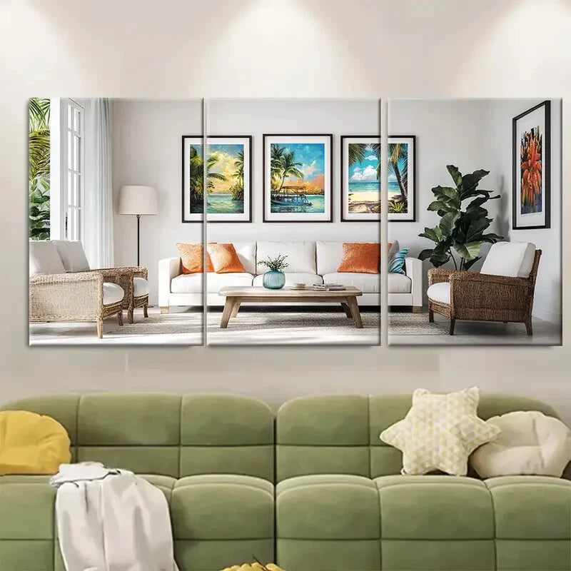 3pcs Vibrant Caribbean Beach Scenes Ocean Palm Trees Print Ready to Hang Art