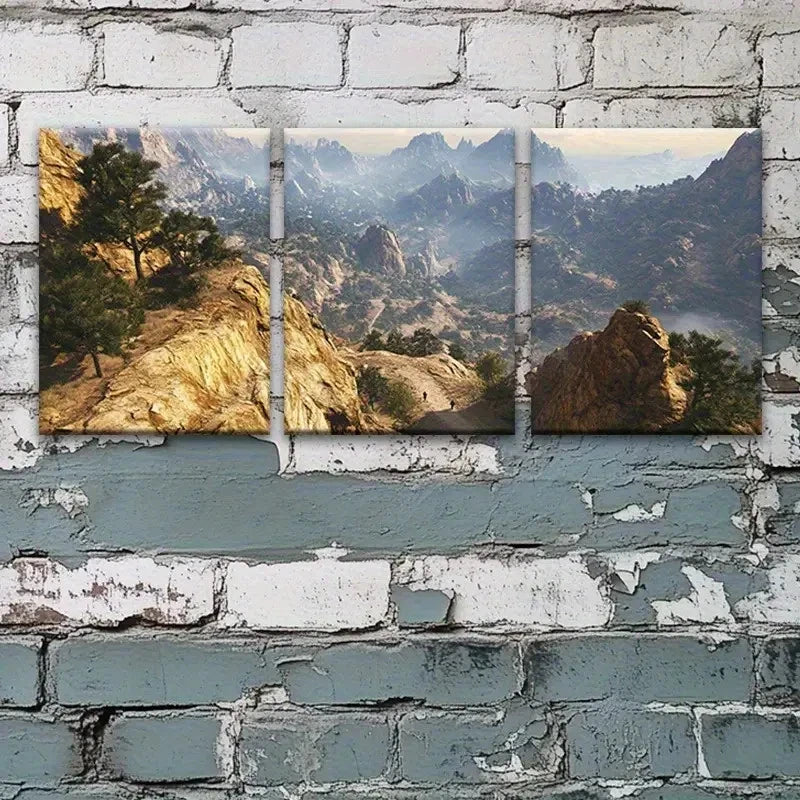 3pcs Majestic Mountain Landscape with Pine Trees Metal Print Ready to Hang Art