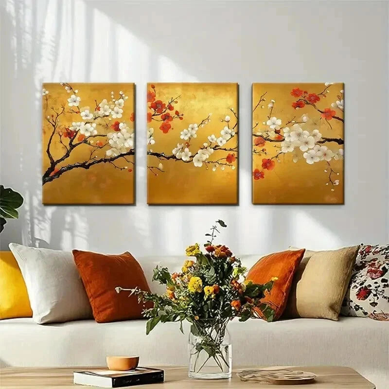 3pcs Golden Plum Blossom Branches Floral Perfect Wall Art Set Canvas Framed 40x60cm - High Quality Print 100% Australian Made Wall Canvas Ready to Hang