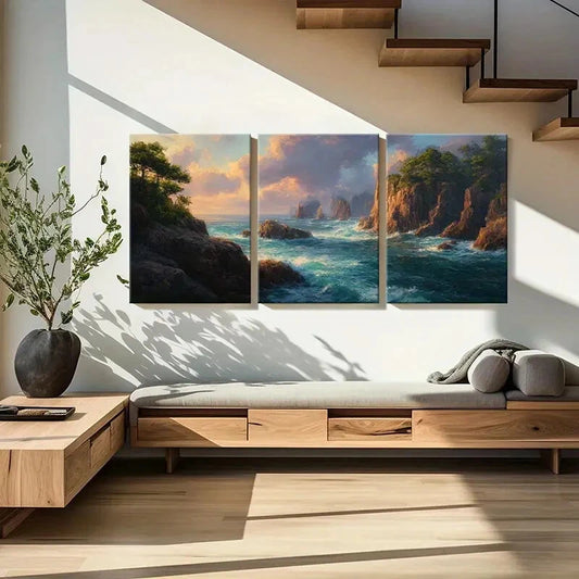 3pcsOcean Waves & Rocky Coastline Landscape Metal Print Ready to Hang Art