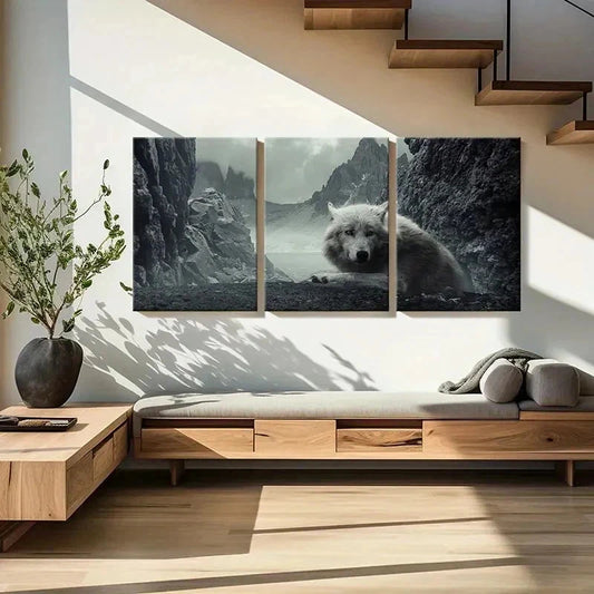 3pcs White Wolf & Mountain Landscape Wall Art Set Canvas Framed 40x60cm - High Quality Print 100% Australian Made Wall Canvas Ready to Hang