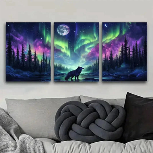 3pcs Artistic Charming Arctic Aurora and Wolf Metal Print Ready to Hang Art