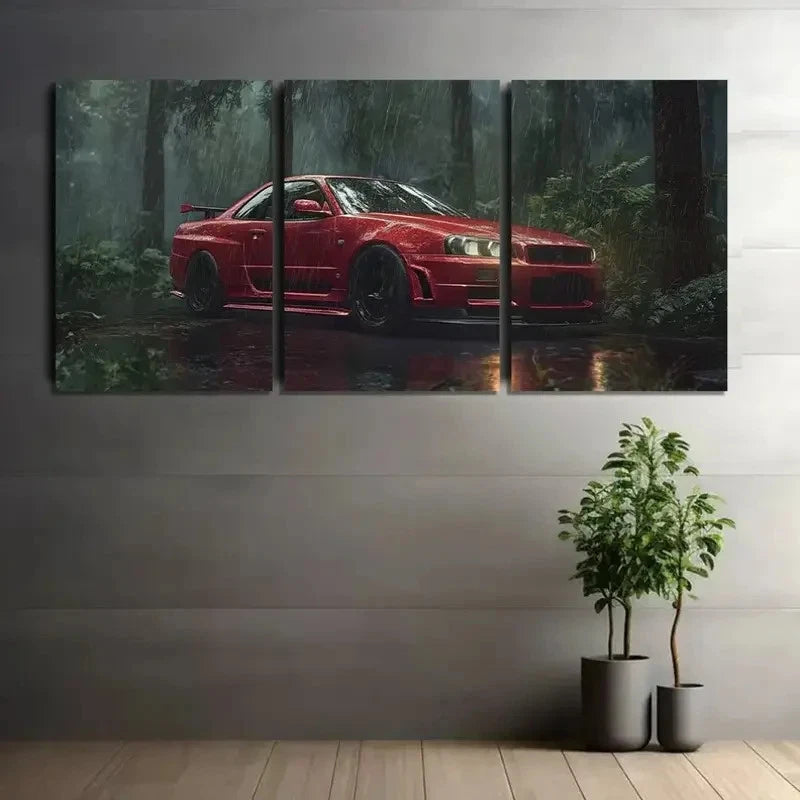 3pcs Red Nissan Skyline GT-R in Rain Paintings Metal Print Ready to Hang Art