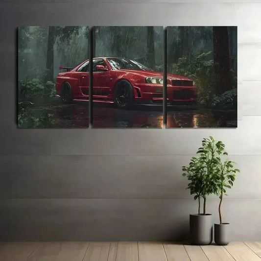 3pcs Red Nissan Skyline GT-R in Rain Paintings Metal Print Ready to Hang Art