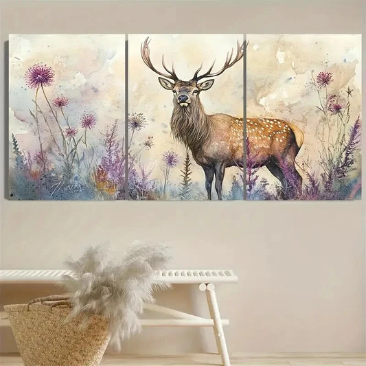 3pcs Scotland Thistle Scottish Deer Floral Metal Print Ready to Hang Art