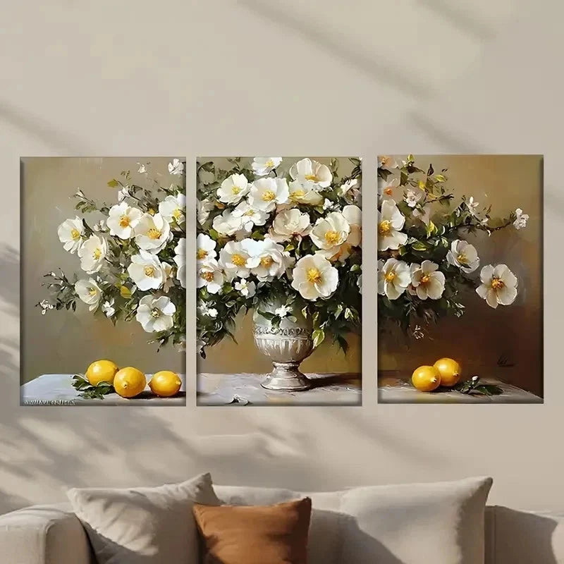 3pcs Vase of Flowers And Lemons Painting Wall Art Set Canvas Framed 40x60cm - High Quality Print 100% Australian Made Wall Canvas Ready to Hang