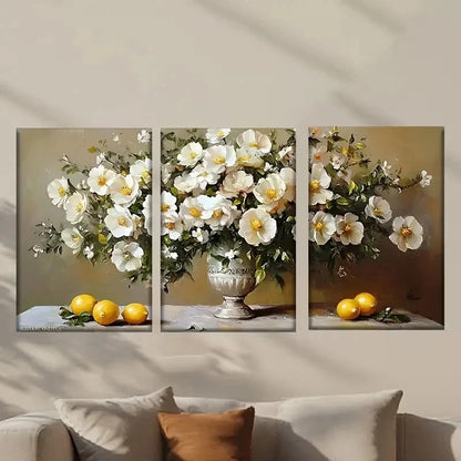 3pcs Vase of Flowers And Lemons Painting Wall Art Set Canvas Framed 40x60cm - High Quality Print 100% Australian Made Wall Canvas Ready to Hang