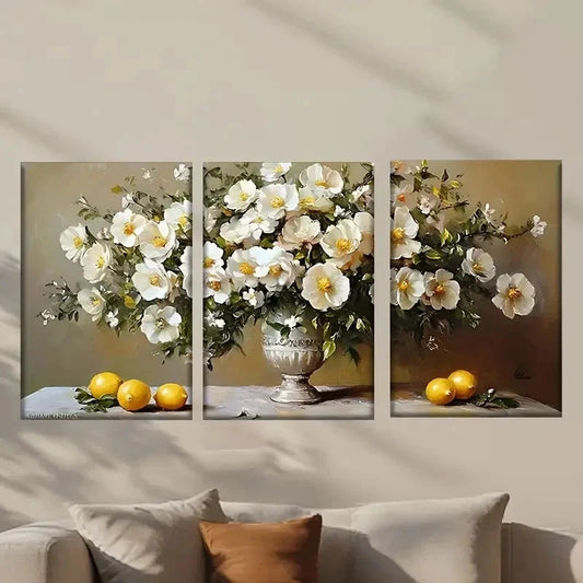 3pcs Vase of Flowers And Lemons Painting Wall Art Set Canvas Framed 40x60cm - High Quality Print 100% Australian Made Wall Canvas Ready to Hang