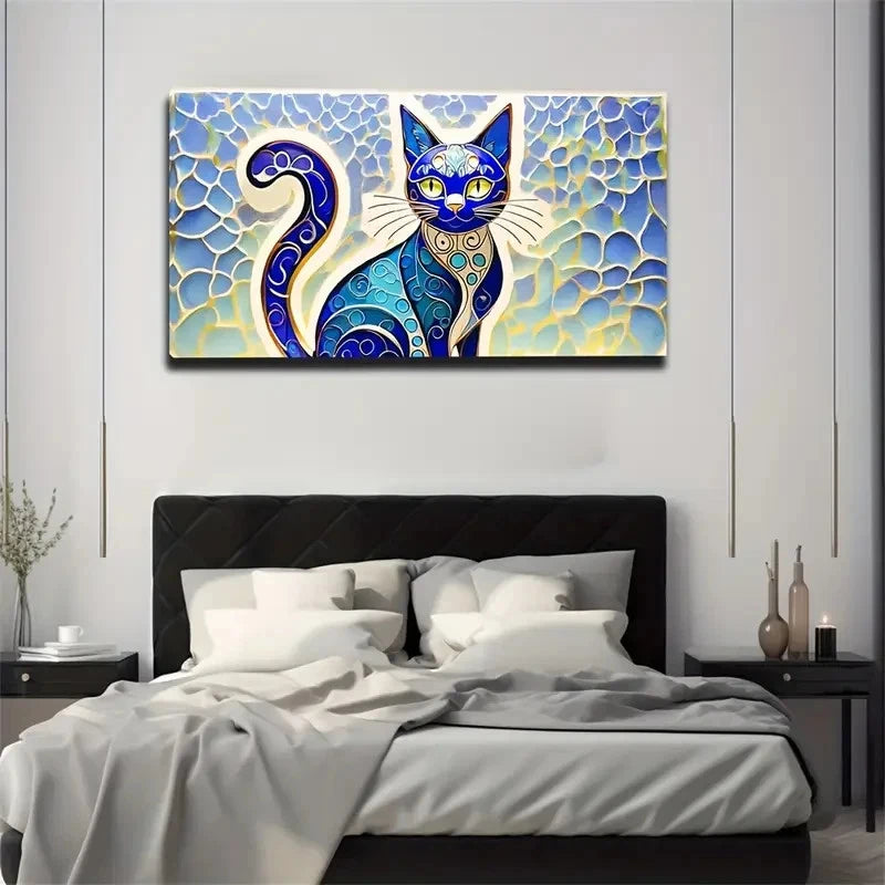 Vibrant Blue & Golden Cat Wall Art Canvas Office Home Room Framed 120x60cm