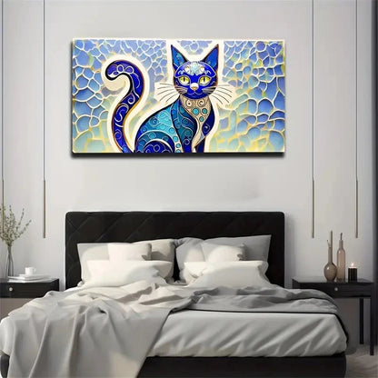 Vibrant Blue & Golden Cat Wall Art Canvas Office Home Room Framed 120x60cm
