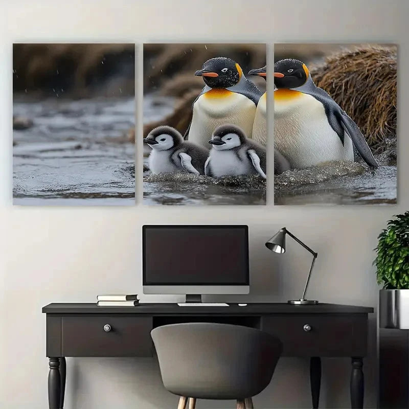 3pcs King Penguin Falkland Island Fluffy Chicks Metal Print Ready to Hang Art