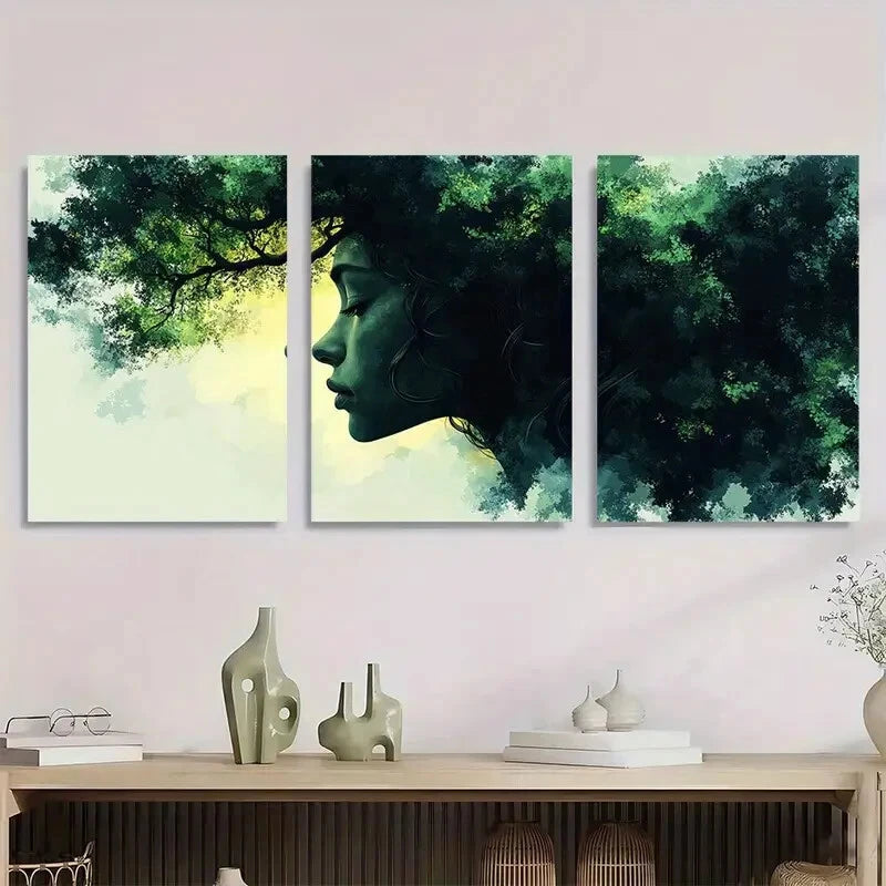 3pcs Serene Girl with Green Tree Silhouette Metal Print Ready to Hang Art