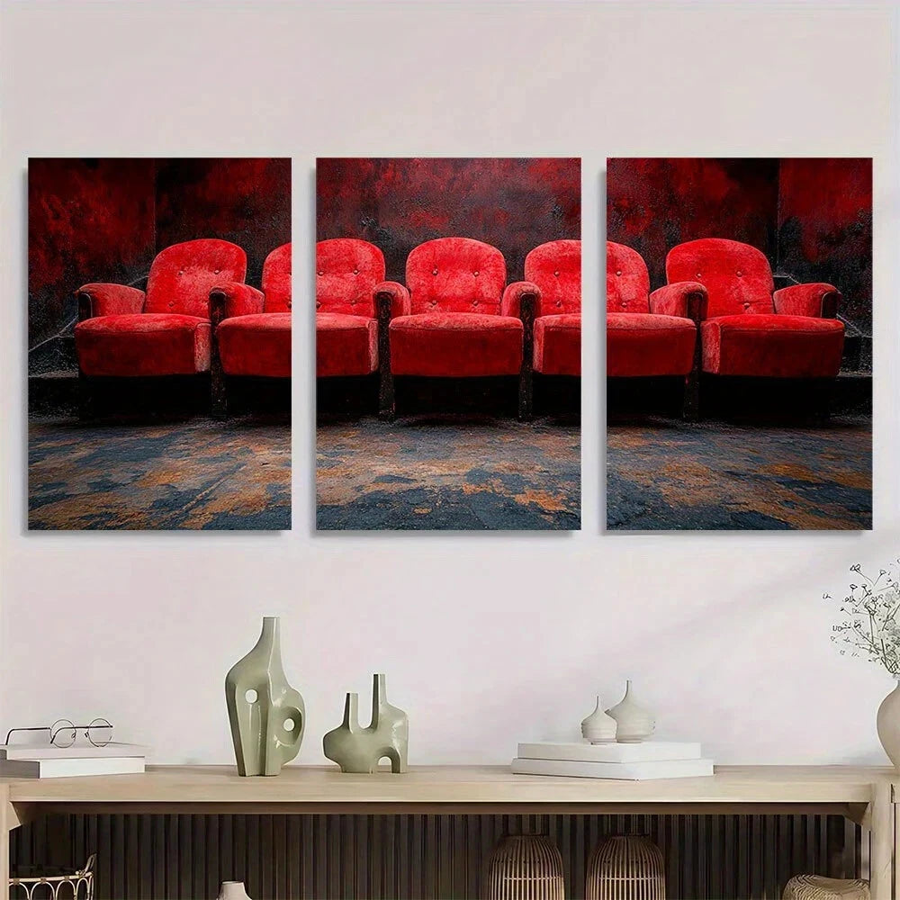 3pcs Modern Red Velvet Theater Seats Metal Print Ready to Hang Art