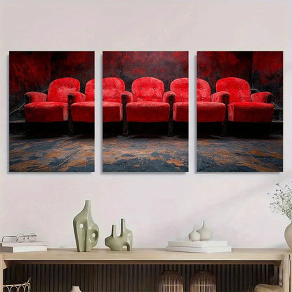 3pcs Modern Red Velvet Theater Seats Metal Print Ready to Hang Art