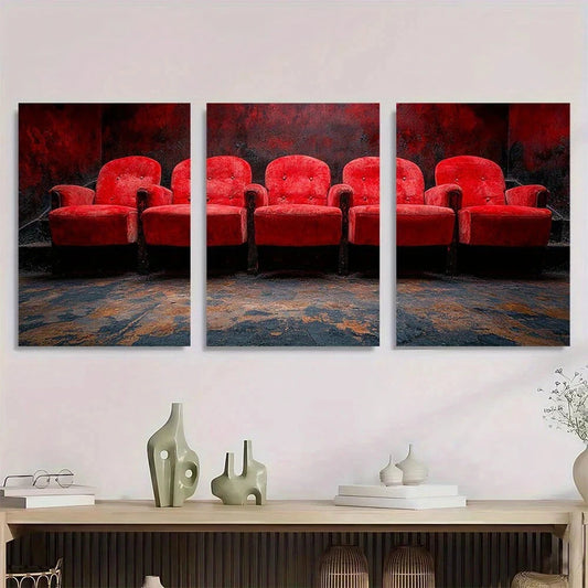3pcs Modern Red Velvet Theater Seats Metal Print Ready to Hang Art