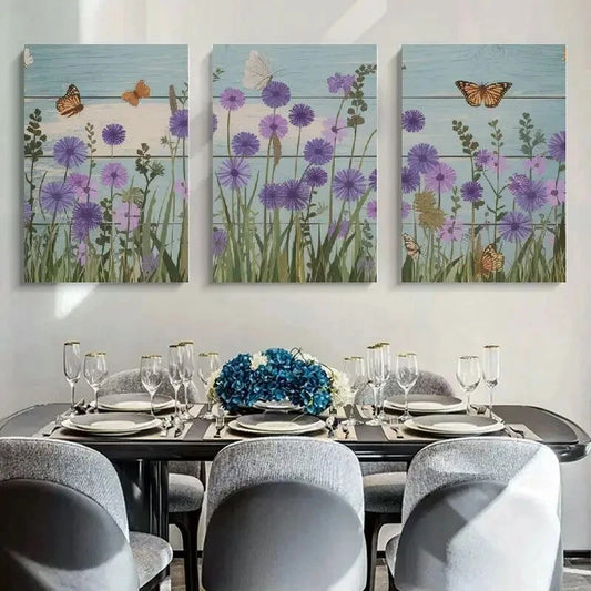 3pcs Rustic Vibrant Wildflowers and Butterflies Metal Print Ready to Hang Art
