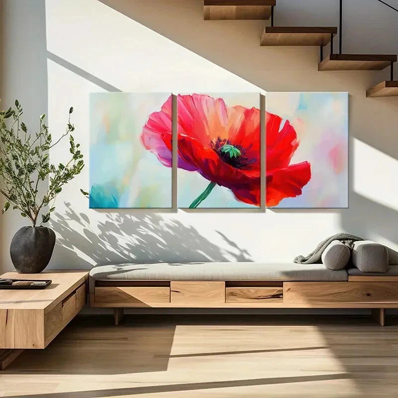 3pcs Vibrant Red Flower Art Abstract Floral Metal Print Ready to Hang Art