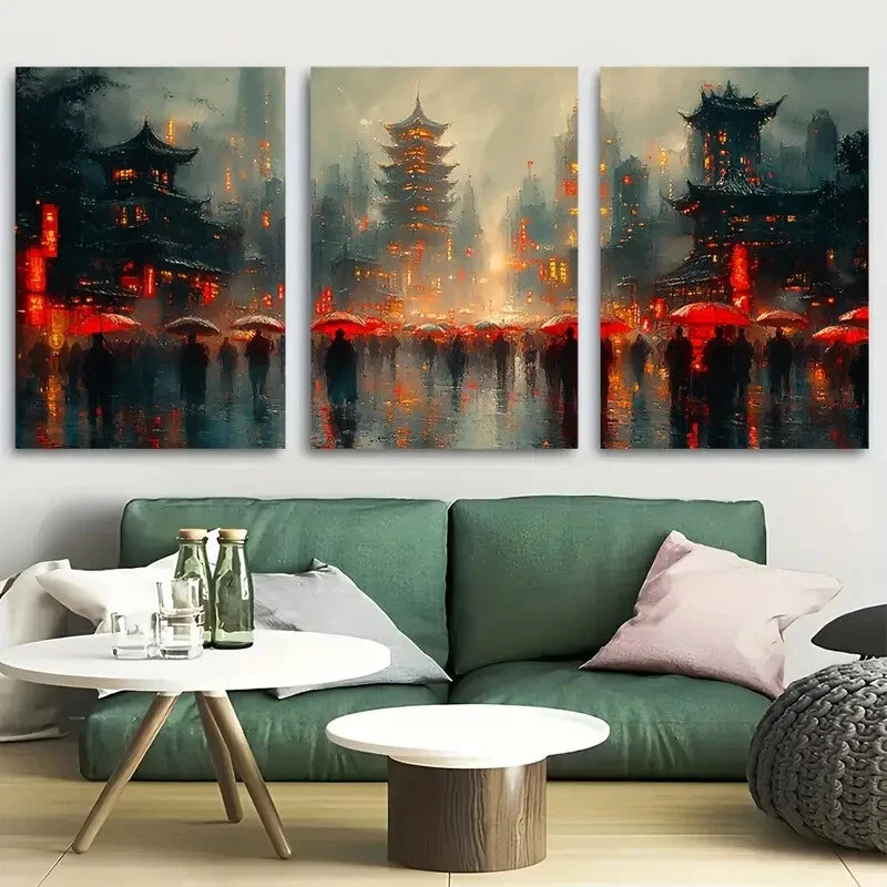3pcs Japanese Style Cyberpunk City Metal Print Ready to Hang Art