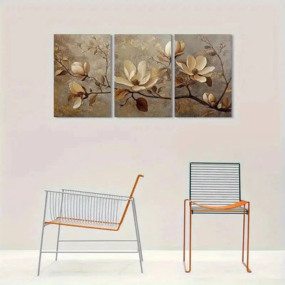 3pcs Modern Abstract Beige and Brown Flowers Metal Print Ready to Hang Art