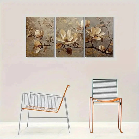 3pcs Modern Abstract Beige and Brown Flowers Metal Print Ready to Hang Art