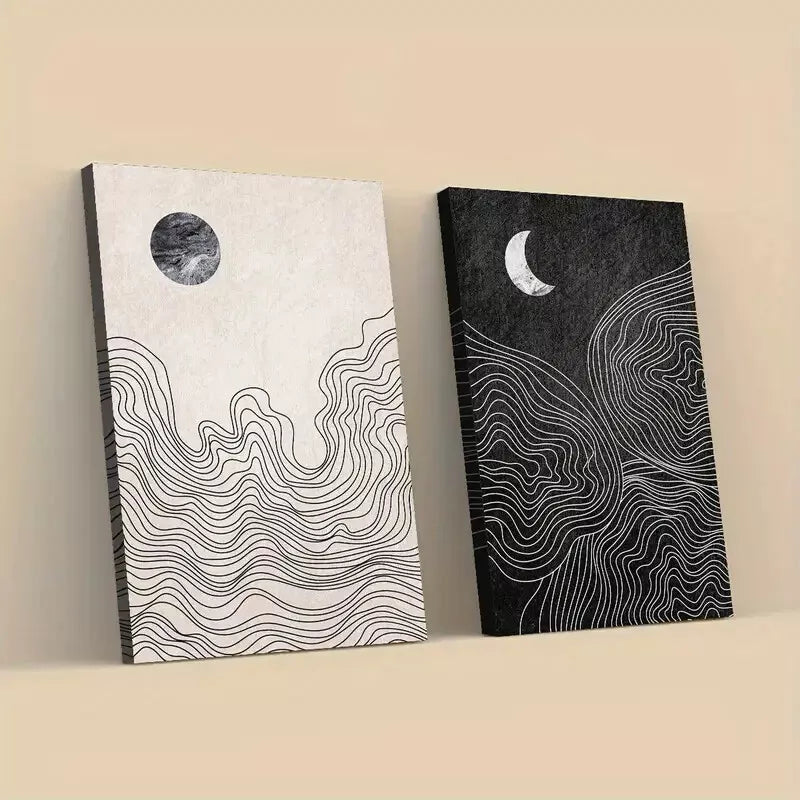 2-Piece Abstract Sun and Moon Geometric Framed 50x75cm - High Quality Print 100% Australian Made Wall Canvas Ready to Hang - Bella Home Decor