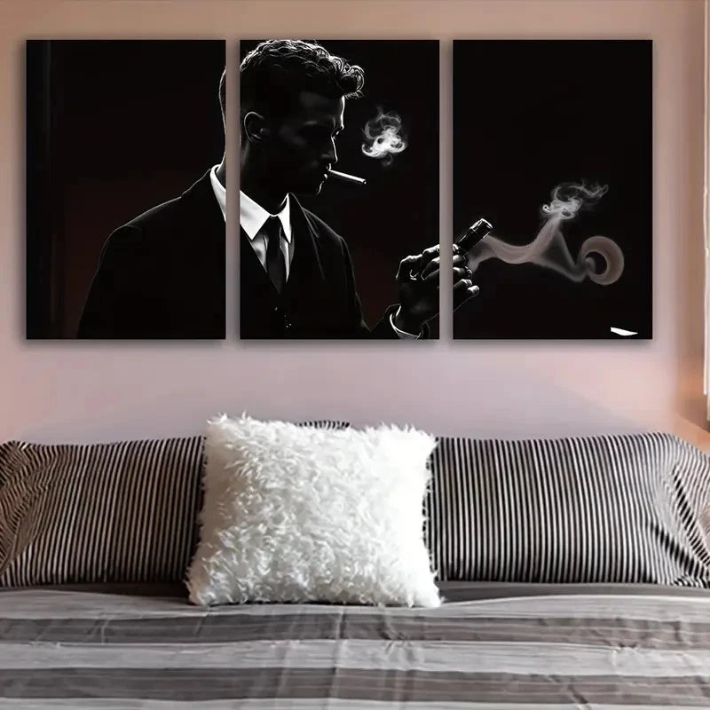 3pcs Elegant Man In Suit Smoking Cigarette Wall Art Set Canvas Framed 60x90cm - High Quality Print 100% Australian Made Wall Canvas Ready to Hang