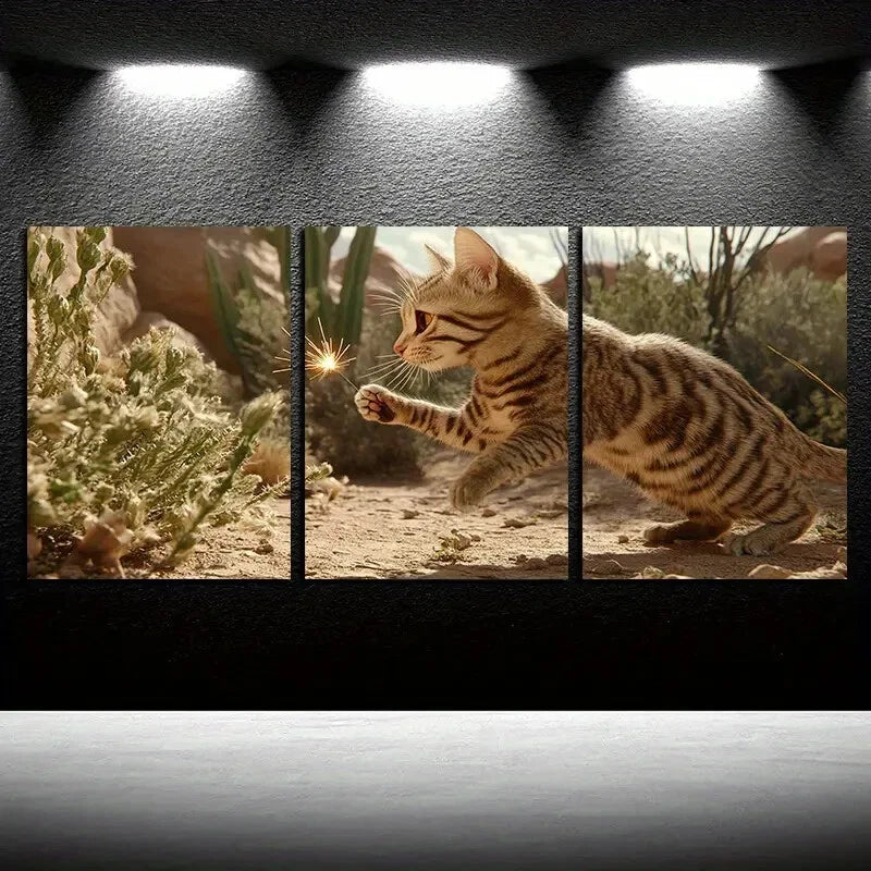 3pcs Charming Cat looking at the Cactus in Desert Metal Print Ready to Hang Art