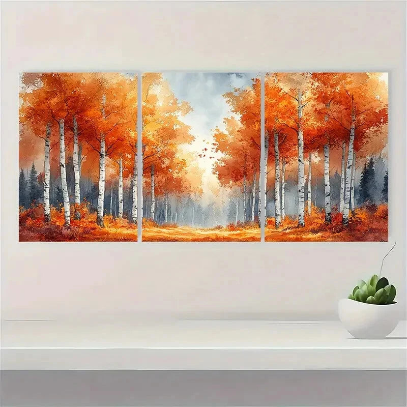 3pcs Autumn Birch Grove Watercolor Landscape Art Metal Print Ready to Hang Art