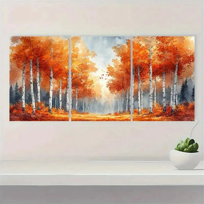 3pcs Autumn Birch Grove Watercolor Landscape Art Metal Print Ready to Hang Art