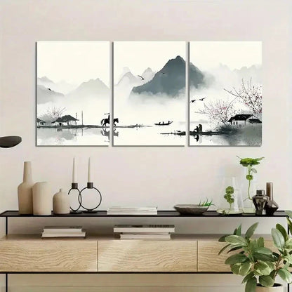 3pcs Chinese Ink Painting with Black Brushstrokes Metal Print Ready to Hang Art