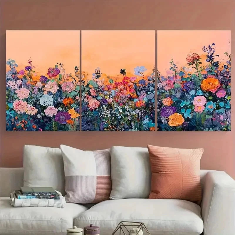 3pcs Vibrant Floral Meadow Wildflower Landscape Metal Print Ready to Hang Art