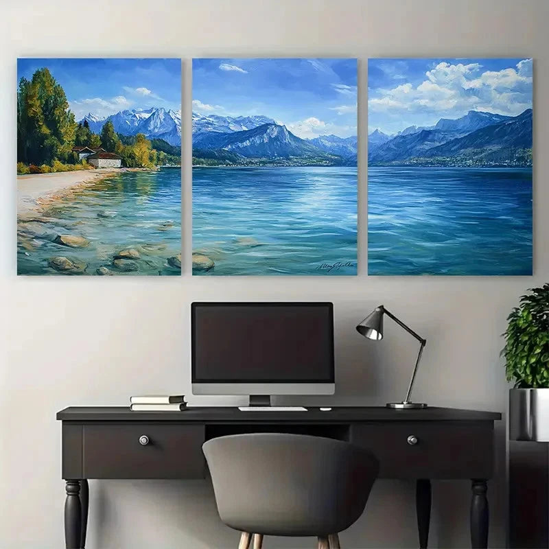 3pcs Lake Annecy Travel Illustration Wall Art Set Canvas Framed 40x60cm - High Quality Print 100% Australian Made Wall Canvas Ready to Hang