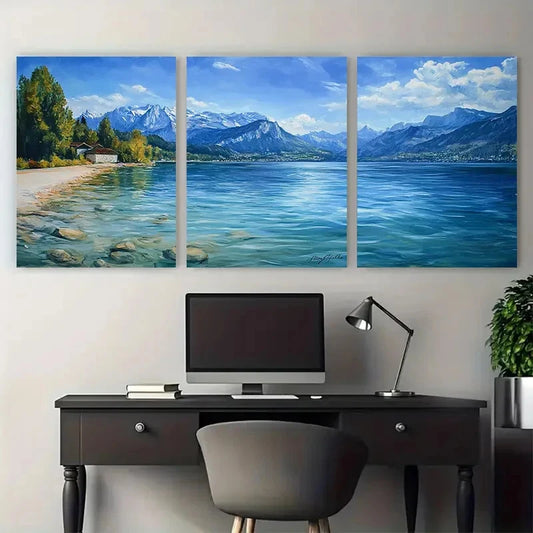 3pcs Lake Annecy Travel Illustration Wall Art Set Canvas Framed 40x60cm - High Quality Print 100% Australian Made Wall Canvas Ready to Hang