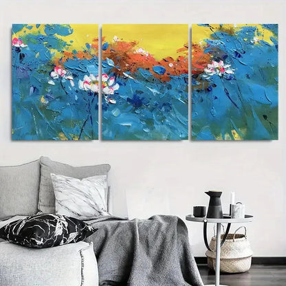 3pcs Lotus Blossoms with Vibrant Blue and Yellow Metal Print Ready to Hang Art