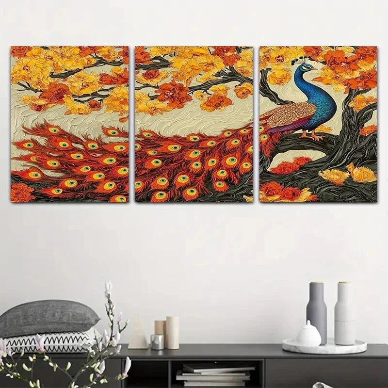 3pcs PeaRooster Flower Branches Colourful Metal Print Ready to Hang Art