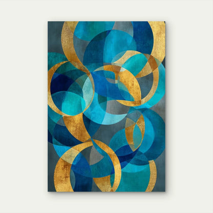 Abstract Navy Blue, Golden Circles Metal Print Ready to Hang