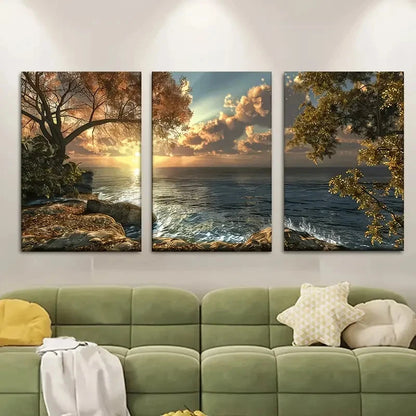 3pcs Sunset Beach Island Painting Metal Print Ready to Hang Art