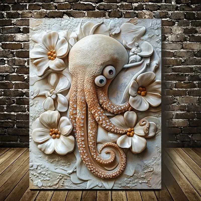 Cuttlefish Among Heart Shaped Flowers Painting 40x60cm Metal Print Ready to Hang