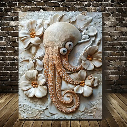 Cuttlefish Among Heart Shaped Flowers Painting 40x60cm Metal Print Ready to Hang