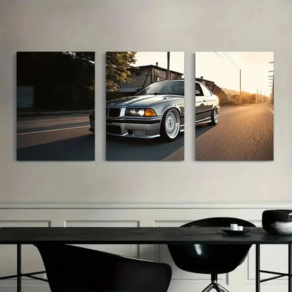 3pcs Casual Gray Body Color with White Wheels Metal Print Ready to Hang Art