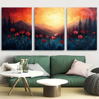 3pcs Vibrant Inspirational Landscape with Florals Metal Print Ready to Hang Art