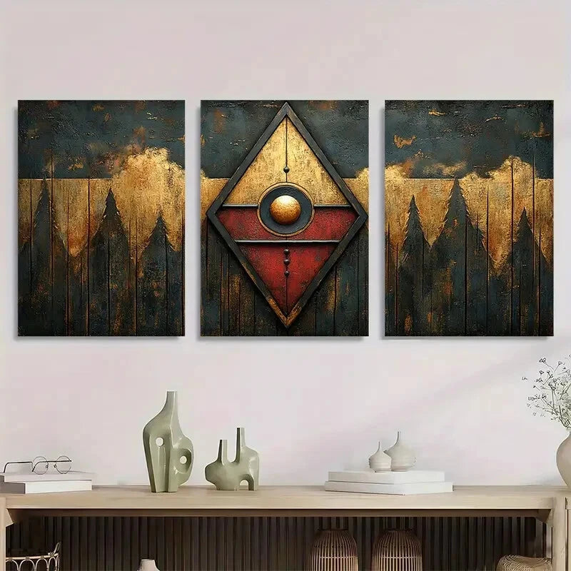 3pcs Golden Red Abstract Dark Themed Metal Print Ready to Hang Art