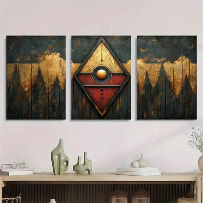 3pcs Golden Red Abstract Dark Themed Metal Print Ready to Hang Art