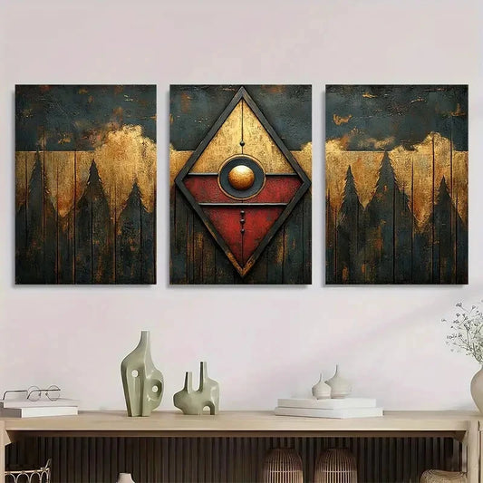 3pcs Golden Red Abstract Dark Themed Metal Print Ready to Hang Art