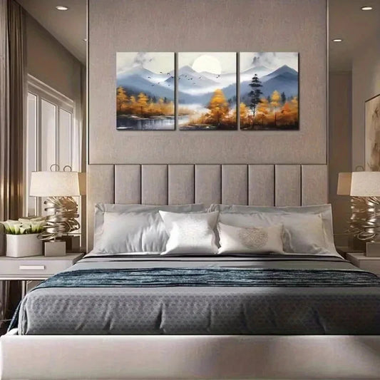 3pcs Modern Mountain Forest Golden Tree Landscape Metal Print Ready to Hang Art