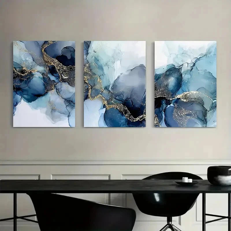 3pcs Abstract Blue and White Golden Leaf Metal Print Ready to Hang Art